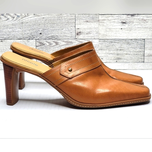 Nicole Colonel 3" Heel Mule Size 9.5M Tan Leather Slip On Shoes Comfort Casual - Picture 1 of 11
